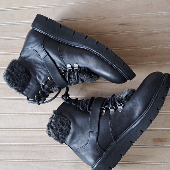 H by Hudson Adda Black Leather Shearling Lined Lace-Up Ankle Boots Trim Cozy - Picture 12 of 14